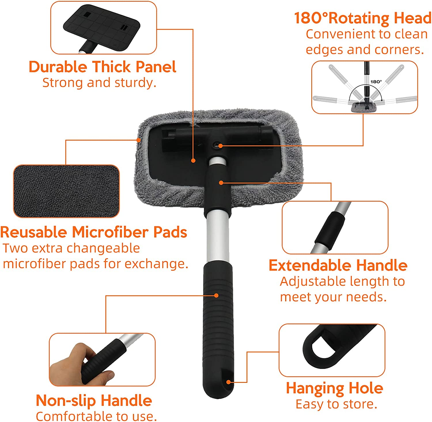 Windshield Cleaner Worthplanet Auto Glass Wiper Windshield Cleaning Tool with 2 Packs Washable Reusable Microfiber Covers and Extendable Handle W120046 image number 1