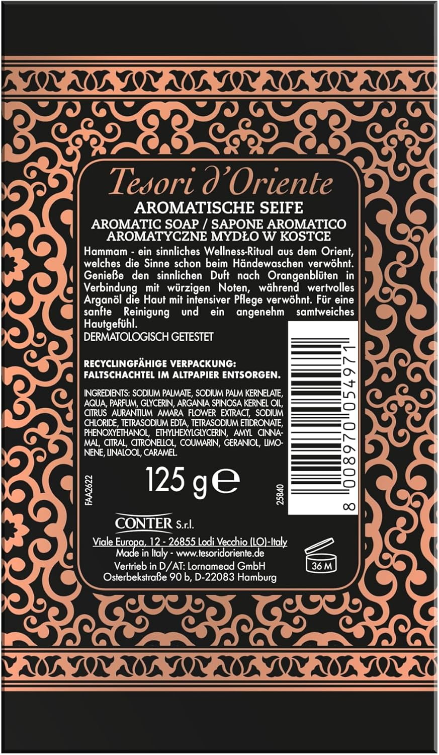 Tesori D'Oriente Solid Soap 'Hammam', 125 G, Aromatic Hand Soap with Argan Oil and Orange Blossom, Body Soap for Gentle Cleansing of the Skin, Ritual for Body & Senses image number 4