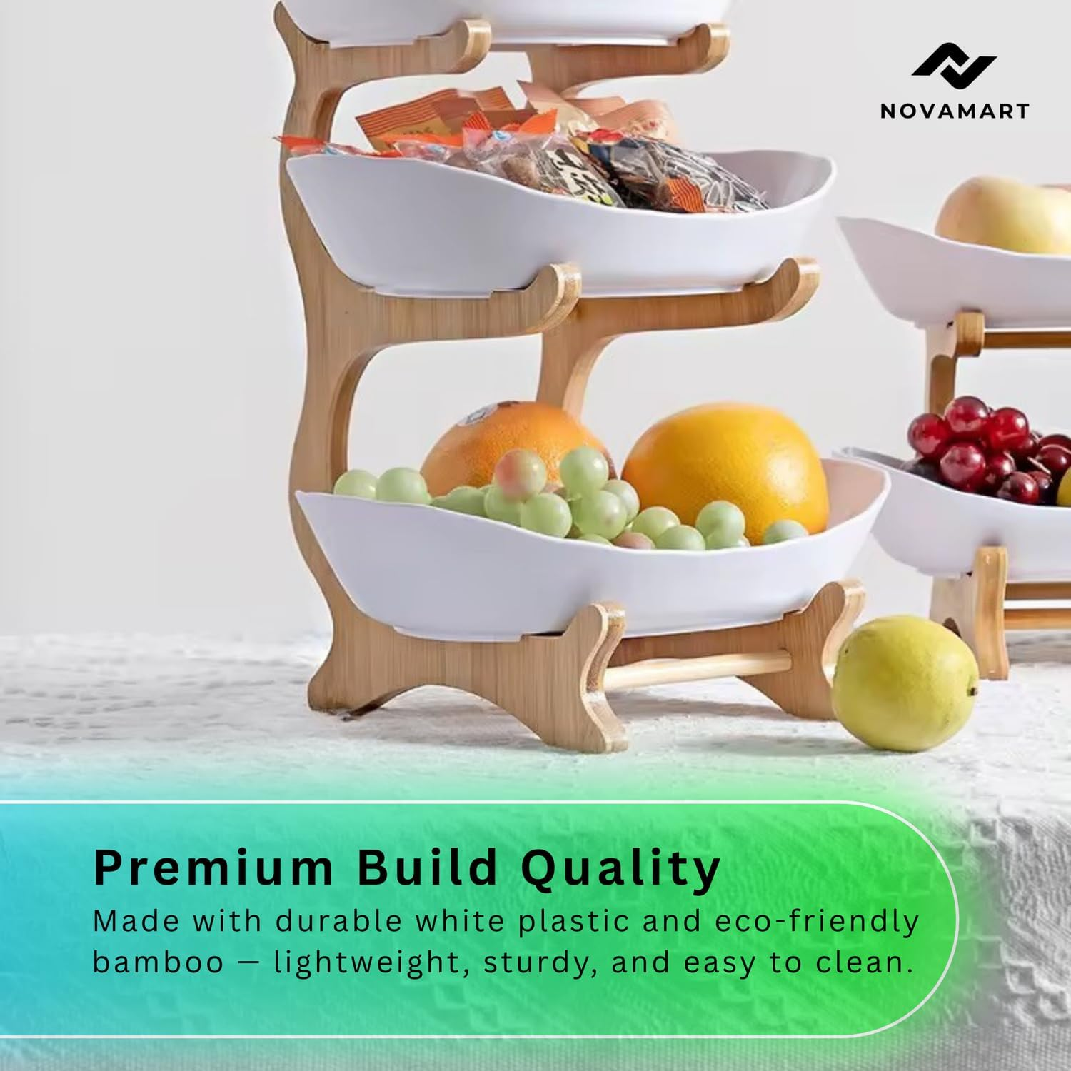 NOVAMART 3-Tier Fruit Bowl &ndash; Bamboo Wood Stand Tiered Fruit Basket for Kitchen Countertop, Produce, Vegetables, Bread & Snack Organizer &ndash; Space-Saving Counter Storage Display image number 2