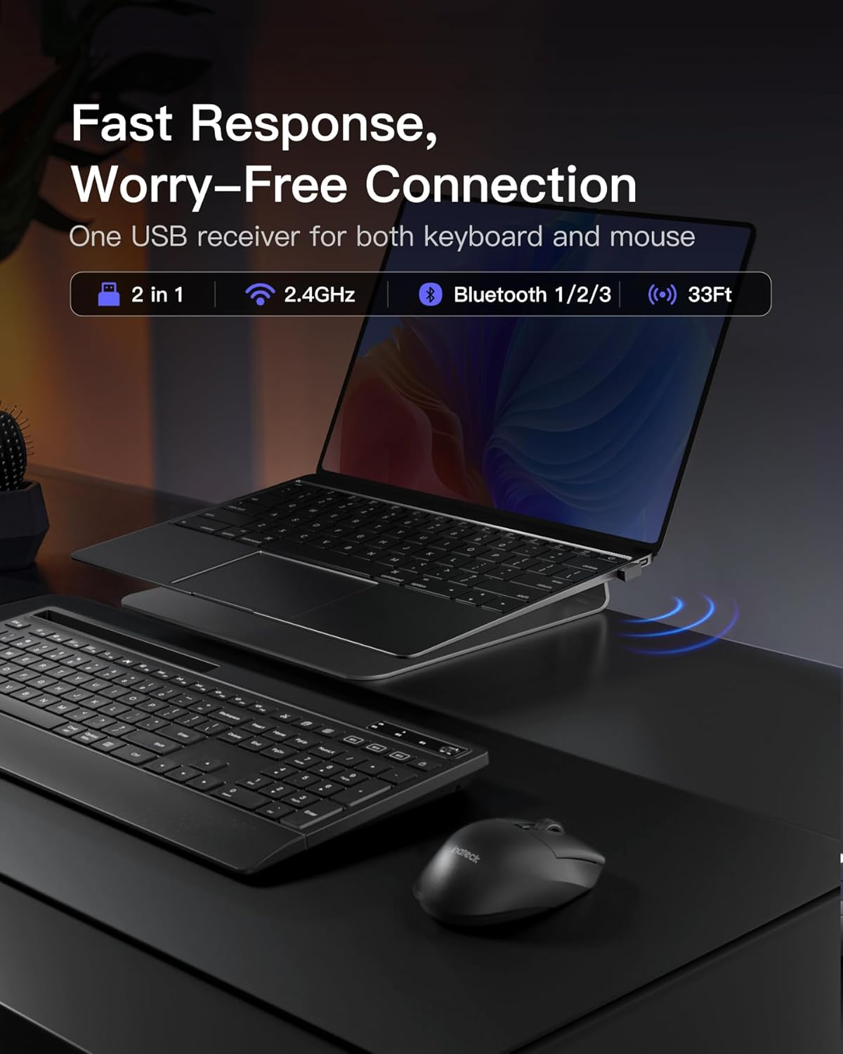 Inateck AI Wireless Keyboard and Mouse Combo, Full-Size Ergonomic Keyboard with Wrist Rest & Phone Holder, 2.4Ghz Bluetooth Silent Design for PC, Laptop, Mac, Windows image number 5