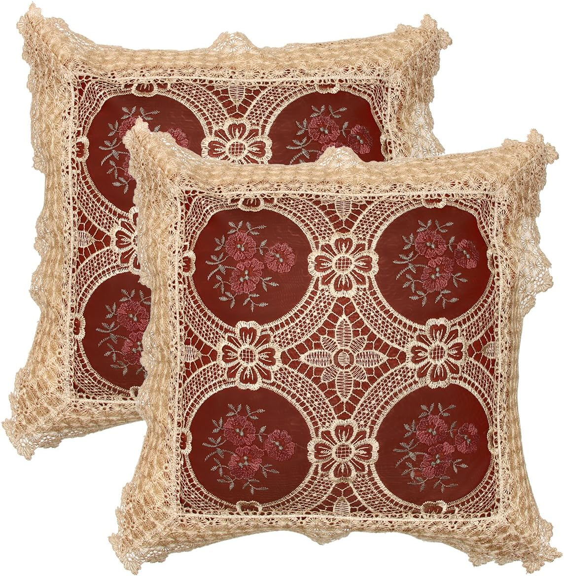 Simhomsen Set of 2 Decorative Lace Throw Pillow Case Shams Cushion Cover, Square 18 &times; 18 Inches, Vintage Look, Burgundy, Only the Cushion Cover, without Pillow Insert image number 6