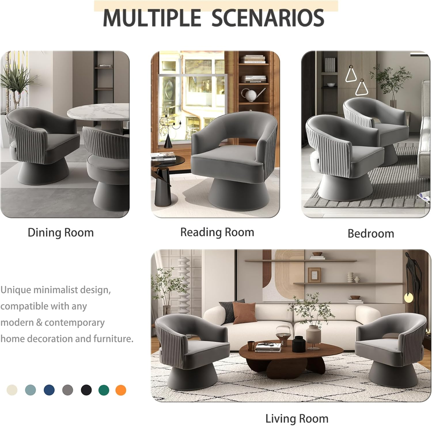 Mid Century Modern Swivel Accent Chair, 360 Degree Swivel Barrel Chair, Upholstered Lounge Chair Comfy Vanity Chair, Striped Velvet Armchair for Living Room Sofa, Bedroom, Reading Room(Gray) image number 5