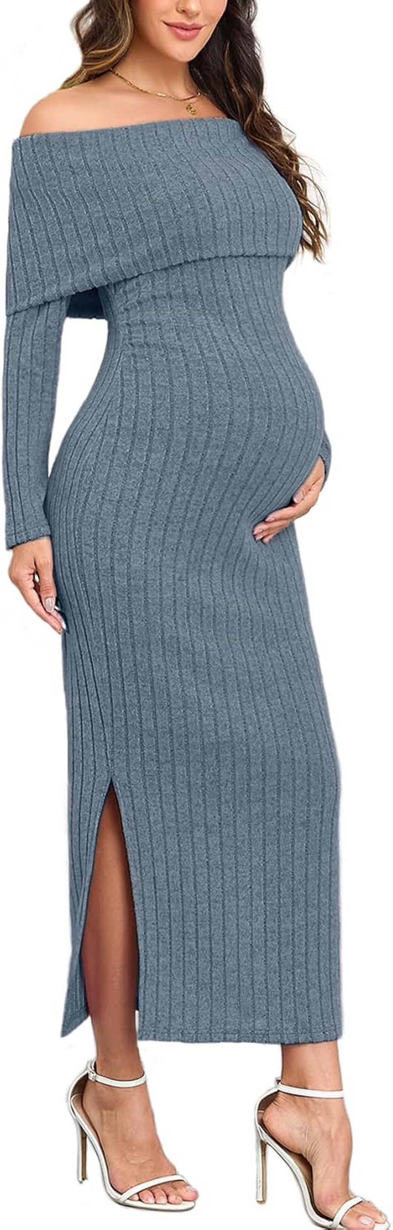 CYCLAMEN Off-Shoulder Maternity Sweater Dress Rib Knit Long Sleeve Dresses with Side Slit Pregnancy Clothes Baby Shower image number 3