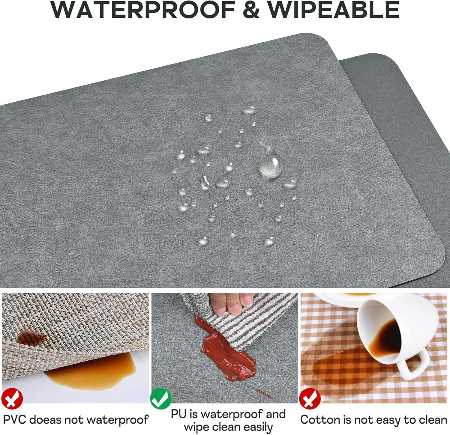 Faux Leather Placemats Set of 6 Table Mats 44.5 * 30Cm Heat Resistant Reversible Place Mats, Waterproof Wipeable Dining Table Place Mats for Home Party Outdoor (Grey) - Dark Green/Light Grey image number 5