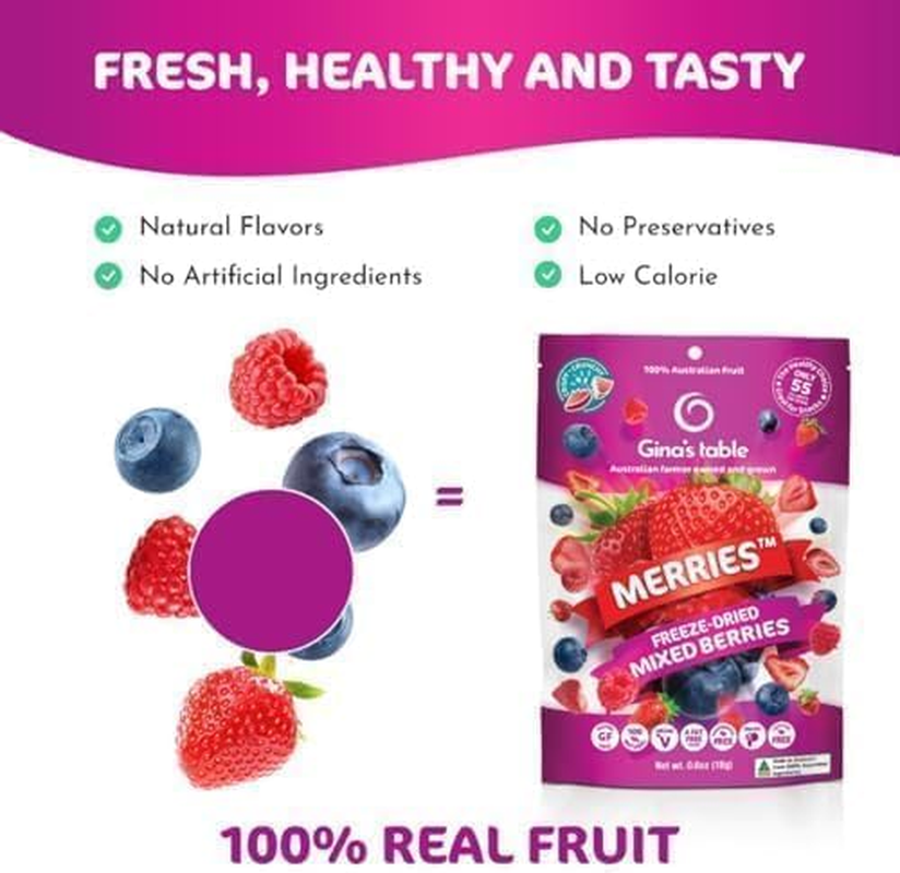 Gina&rsquo;S Table - Freeze Dried Mixed Berries 18G &ndash; Freeze Dried Fruit &ndash; Low Calorie Snacks for Kids & Adults &ndash; Natural Fruit Snacks &ndash; Freeze Dried Berries (Raspberries, Blueberries & Strawberries) &ndash; 10 Count