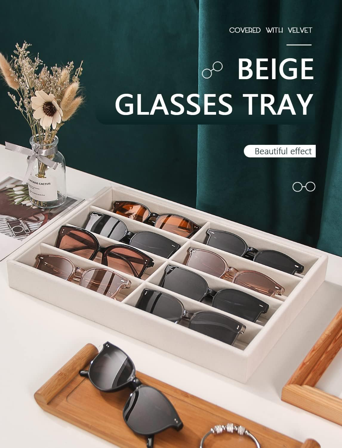 Sunglass Organizer Tray, Beige Velvet Glasses Trays, Eyeglasses Watches Jewelry Display Organizer Tray Box for Men Women (8 Grids Beige) - 6 Grids Beige image number 6