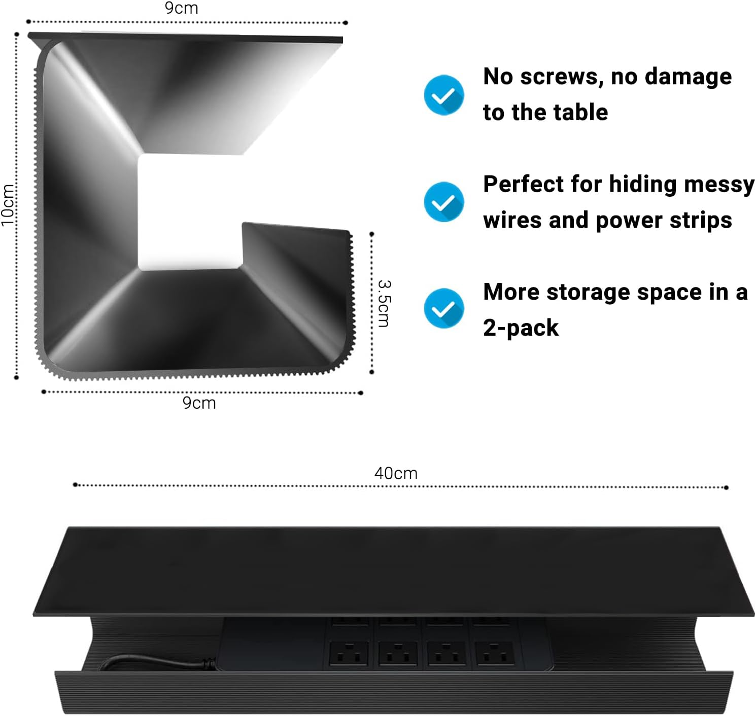 Ixtra under Desk Cable Management Tray 2 Pack 40Cm No Drill PVC Cord Organizer Box Self-Adhesive Installation Wire Management Computer Cable Hider for Standing Desk Office & Home-Black image number 2