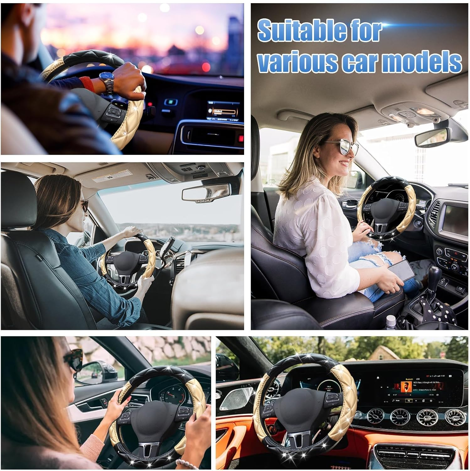 Superkaka Black and Gold Steering Wheel Cover, Auto Cute Diamond Bling Soft Comfort Leather Car Interior Accessories Protector Sparkly Fit Most O-Shaped Steering Wheels