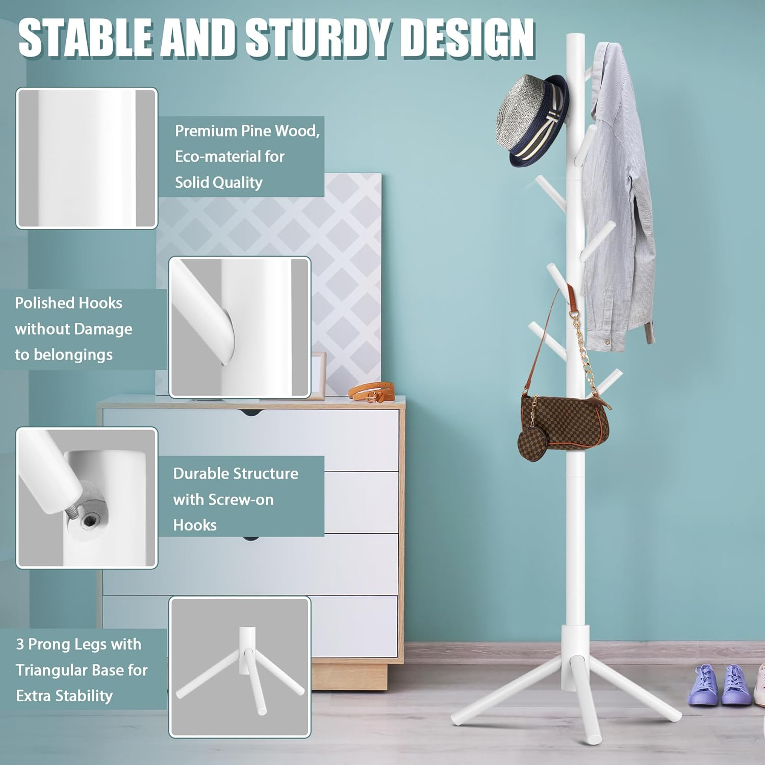 Haddockway Wooden Coat Rack Stand with 8 Hooks New Zealand Pine Adjustable Coat Standing Tree Easy Assembly for Coats, Hats, Scarves and Handbags for Entryway, Hallway, Bedroom, Office,2 PCS image number 3