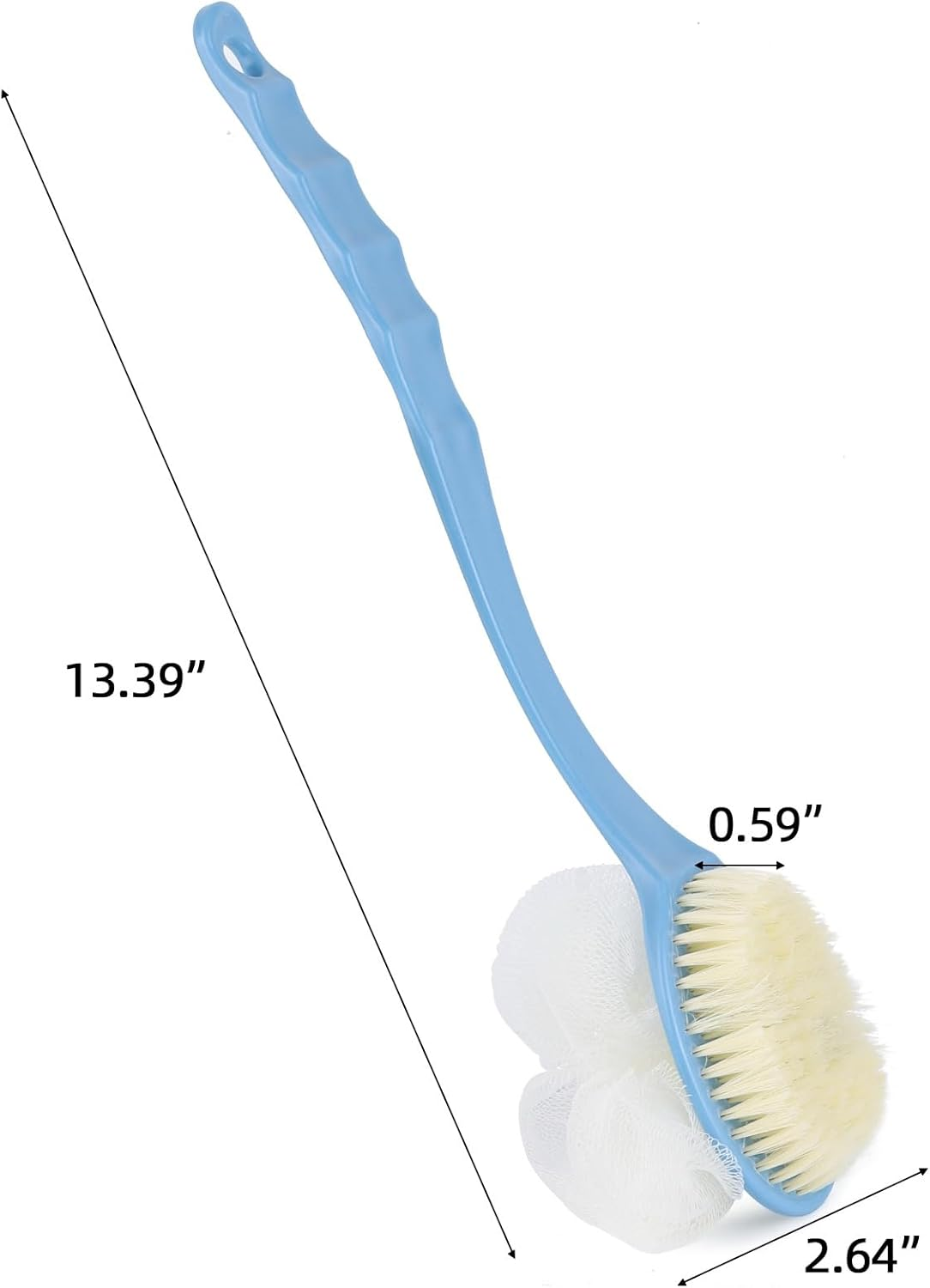 Long Handle Body Shower Brush with Soft Bristle and Exfoliating Loofah Bath Sponge - 13.4 Inches Blue Back Scrubber for Adults Bathroom Accessories image number 1