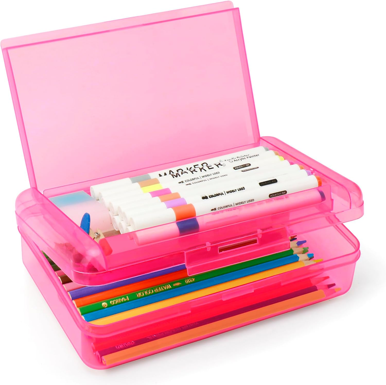 Nuozme Double Layer Large Capacity Pencil Box,Plastic Translucent Pencil Box, Hard Pencil Cases with Snap-Tight Lid for Pens, Pencils, School Supplies,Office Supplies, Medium-Sized,1 Pack