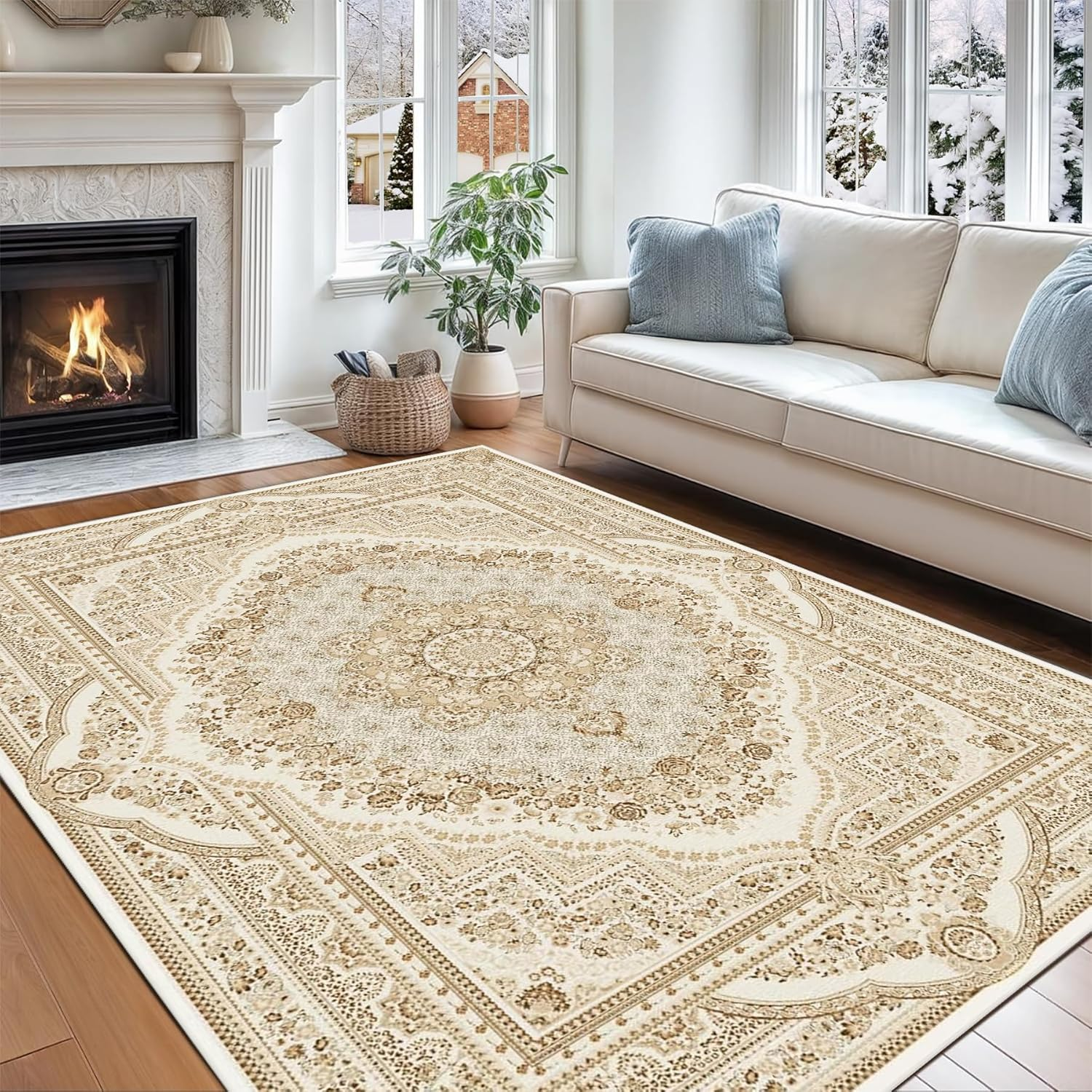 Washable Area Rugs, Soft Low Pile Faux Wool Vintage Carpet Non-Slip Boho Chic Floral Foldable Modern Abstract Large Rug for Living Room Bedroom Kitchen Office Floor Mat (Color 1, 120X180Cm)