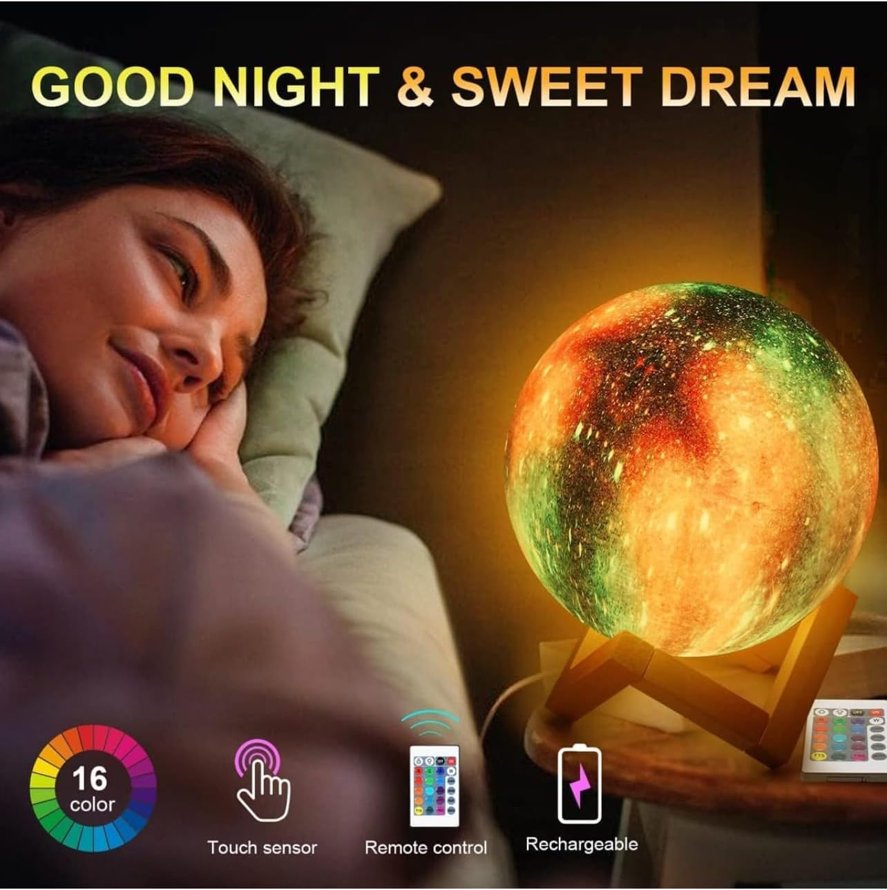 Moon Lamp with Hand Holder 16 Colours-4Inch 3D Lunar | Artful Home Decor | Moon Lamp Night Light for Bedroom | Perfect for Women, Men, Wife, Dad, Girl, Child, Kids & Baby Birthday. image number 3