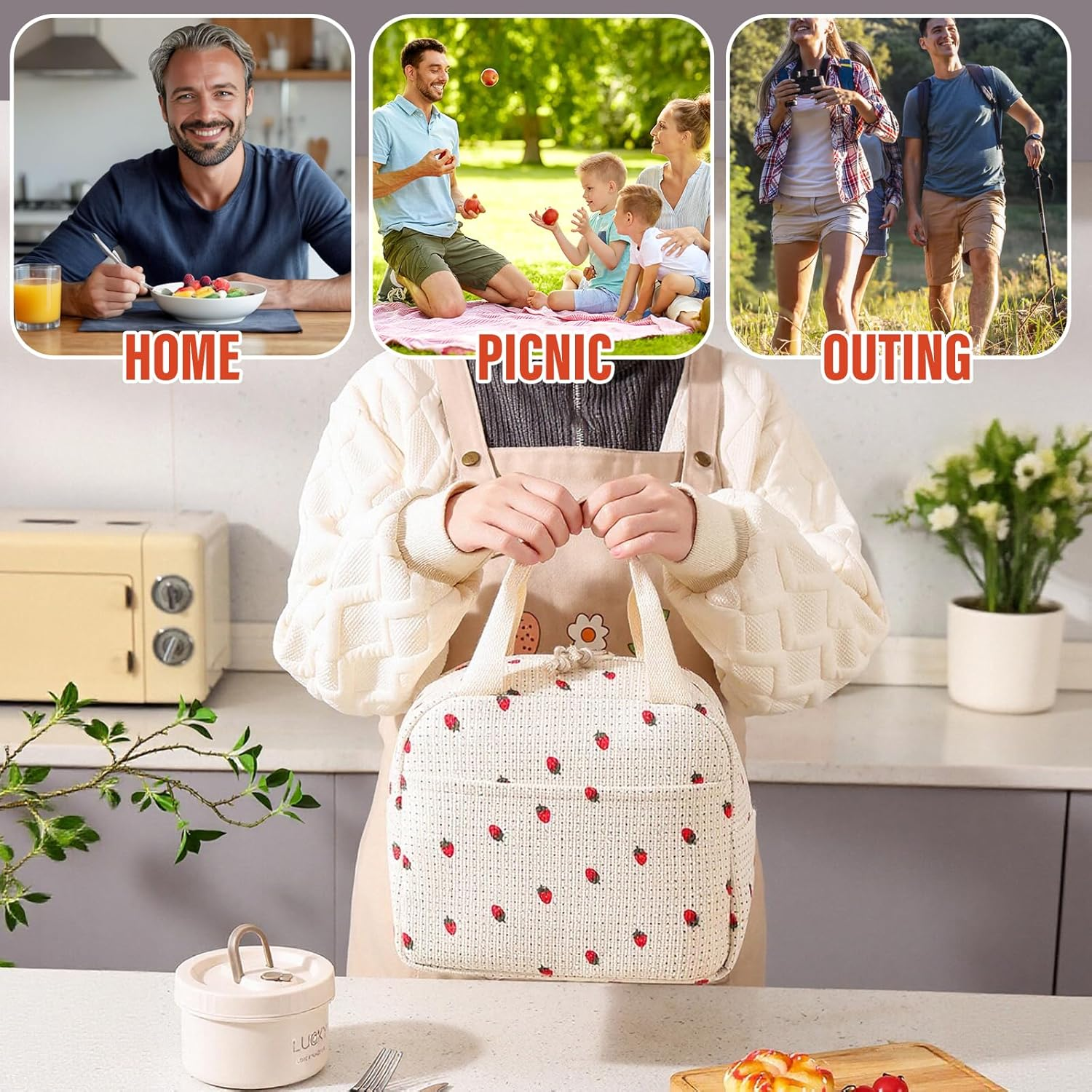 Viiotu Insulated Lunch Bag for Women,Large Lunch Bag with Insulation Aluminum Foil Pearl Cotton for Work, School, Picnic (Strawberry) - Strawberry image number 2