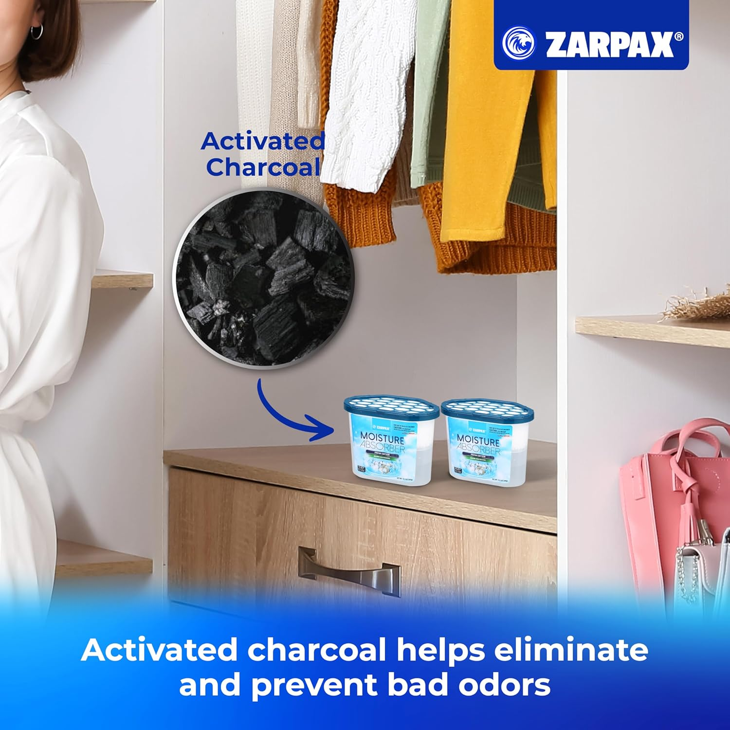 ZARPAX Moisture Absorber Fresh Cotton 300G | Removes Moisture, Damp & Humidity | Odor Absorber with Fresh Cotton Fragrance | Moisture Trap for Bathroom, Closet, Kitchen & Small Spaces | Set of 4 image number 6