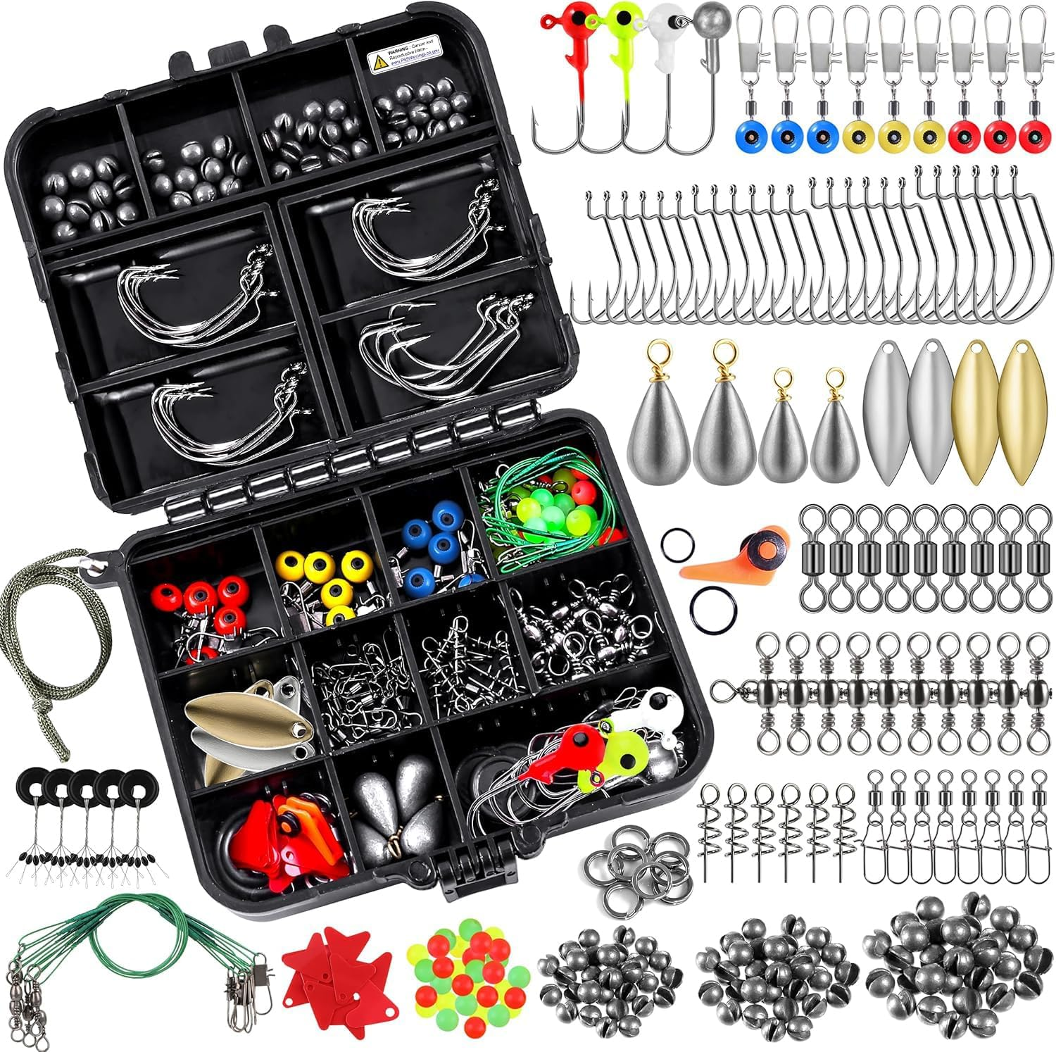 TOPFORT 187/343Pcs Fishing Accessories Kit, Including Jig Hooks, Bullet Bass Casting Sinker Weights, Fishing Swivels Snaps, Sinker Slides, Fishing Set with Tackle Box