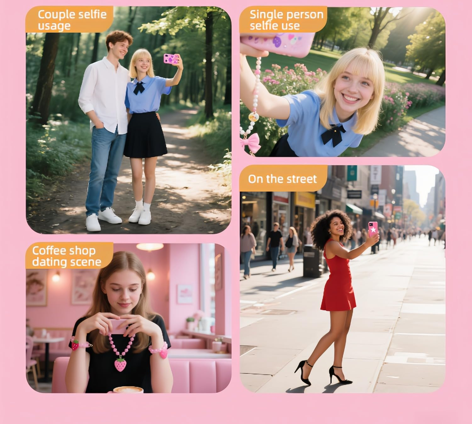 Strawberry Charm Phone Strap & Wristlet - Anti-Loss Sparkle Beaded Lanyard for Phone Camera, Cute Kawaii Gift for Women Girls (Pink Pearl Bow), Short Lightweight Design image number 2