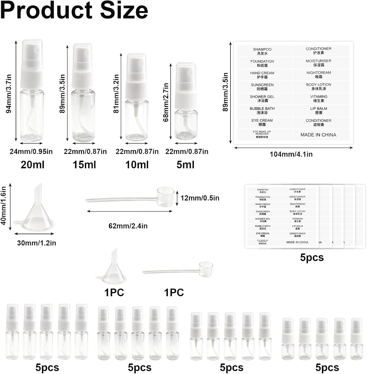 Ozessence 27 Pcs Spray Bottle Set, 5/10/15/20Ml Refillable Travel Perfume Atomiser (5 Each) with Fine Mist Nozzle Labels & Funnel, Leakproof Mini Spray Bottles for Cosmetics Hair Care Toiletries image number 4