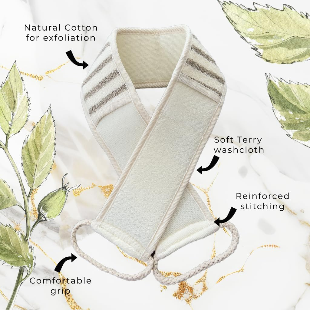 PG Goods Inc Natural Cotton Exfoliating Back Scrubber - Loofah Bath Luffa, Acne Cleaner for Shower, Body Wash Belt for Men and Women - Soft, Natural Washcloth-Compact Size image number 3