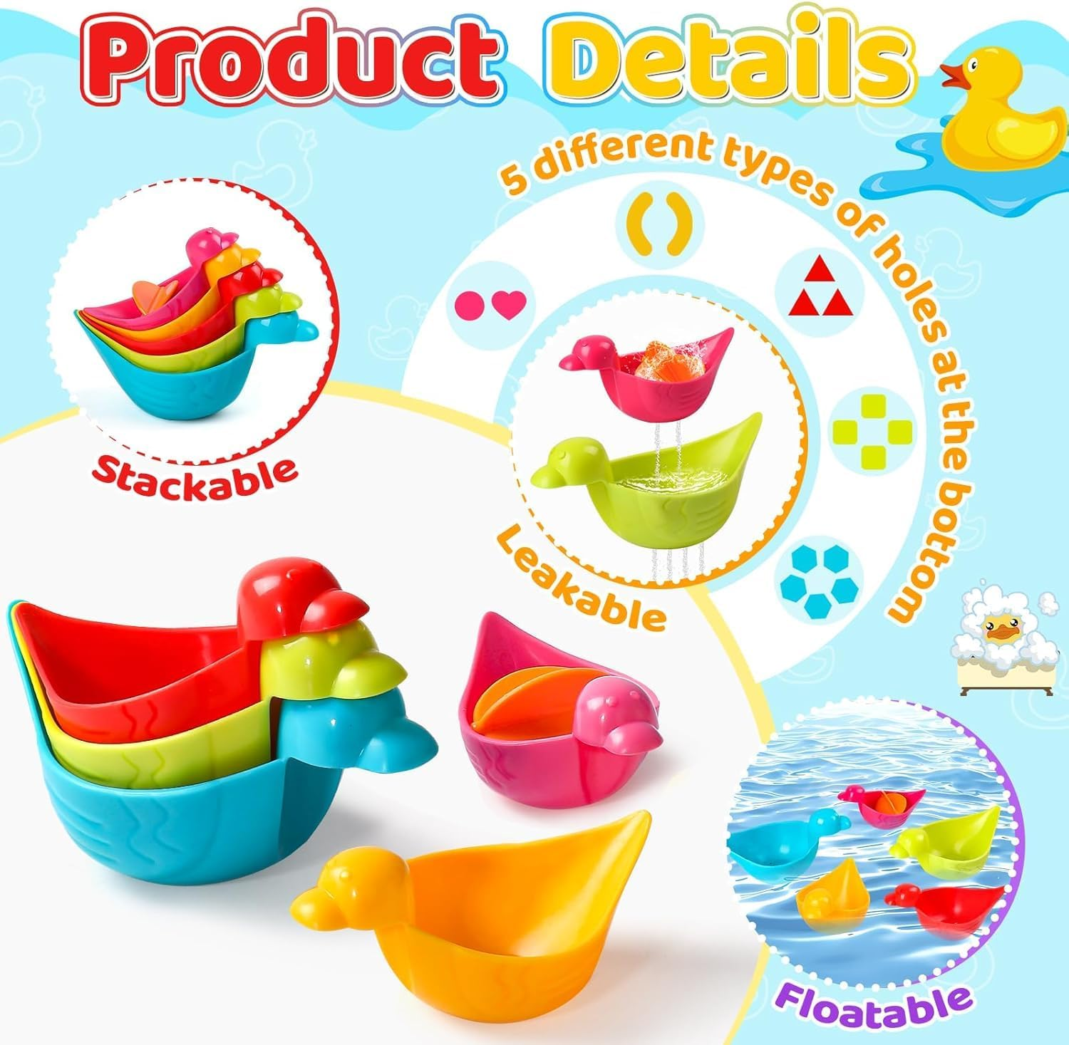 8PCS Mold Free Baby Bath Toys for Toddlers 1-3 , Floating Duck Bathtub Set for Sensory Play | Christmas Birthday Gift for 1 2 3 Year Old Boys & Girls image number 1