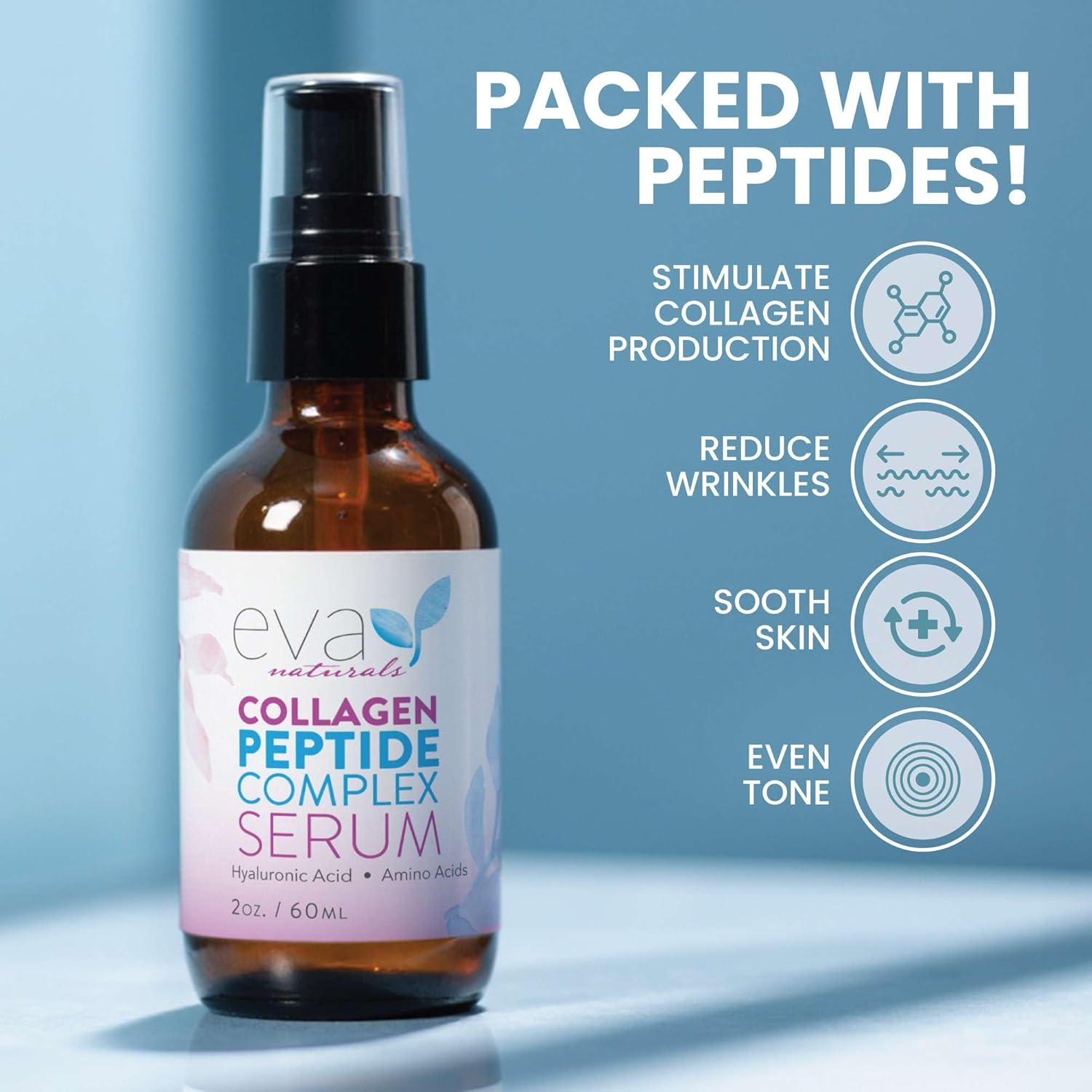 Peptide Complex Serum by Eva Naturals (2 Oz) - Best Anti-Aging Face Serum Reduces Wrinkles and Boosts Collagen - Heals and Repairs Skin While Improving Tone and Texture - Hyaluronic Acid & Vitamin E