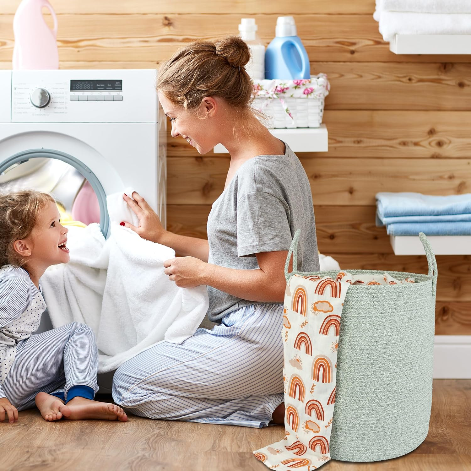 Large Laundry Hamper, Laundry Hamper for Toys, XICEN Tall Woven Laundry Basket for Clothes, Blanket Storage Basket for Living Room, 38Cm * 45Cm (Green)