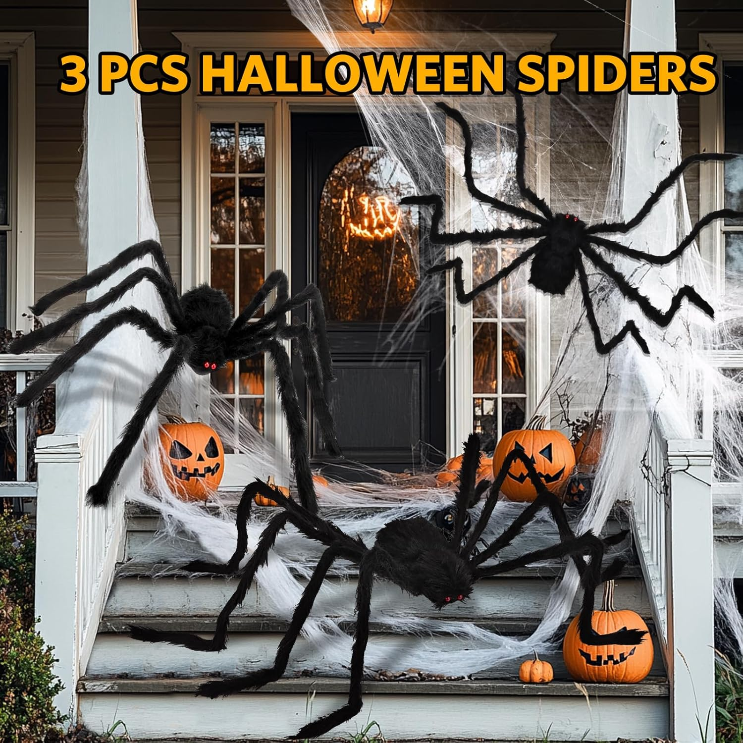 Halloween Giant Spider Decorations - 3 Pcs Realistic Scary Spiders Set Halloween Decorations outside - Fake Large Spiders Props for Indoor Outdoor Lawn Yard Party Creepy Decor (59", 49&rdquo;, 35&rdquo;) image number 1