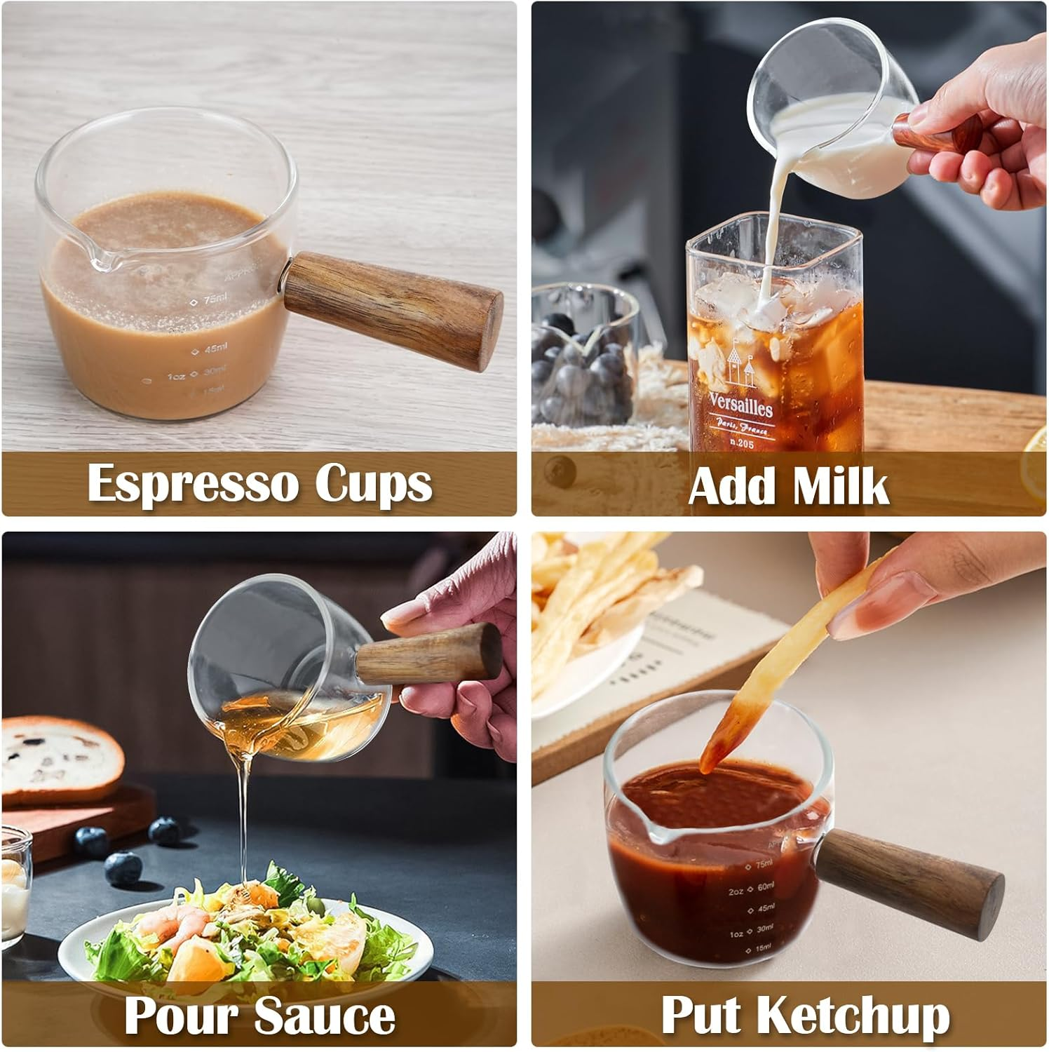 2 PCS Espresso Shot Glass with Coffee Measuring Spoons, Single Spout Glass Measuring Cup, Wood Handle, Dual Scale, Accessories for Coffee Milk (6Oz, 2.5Oz) image number 3
