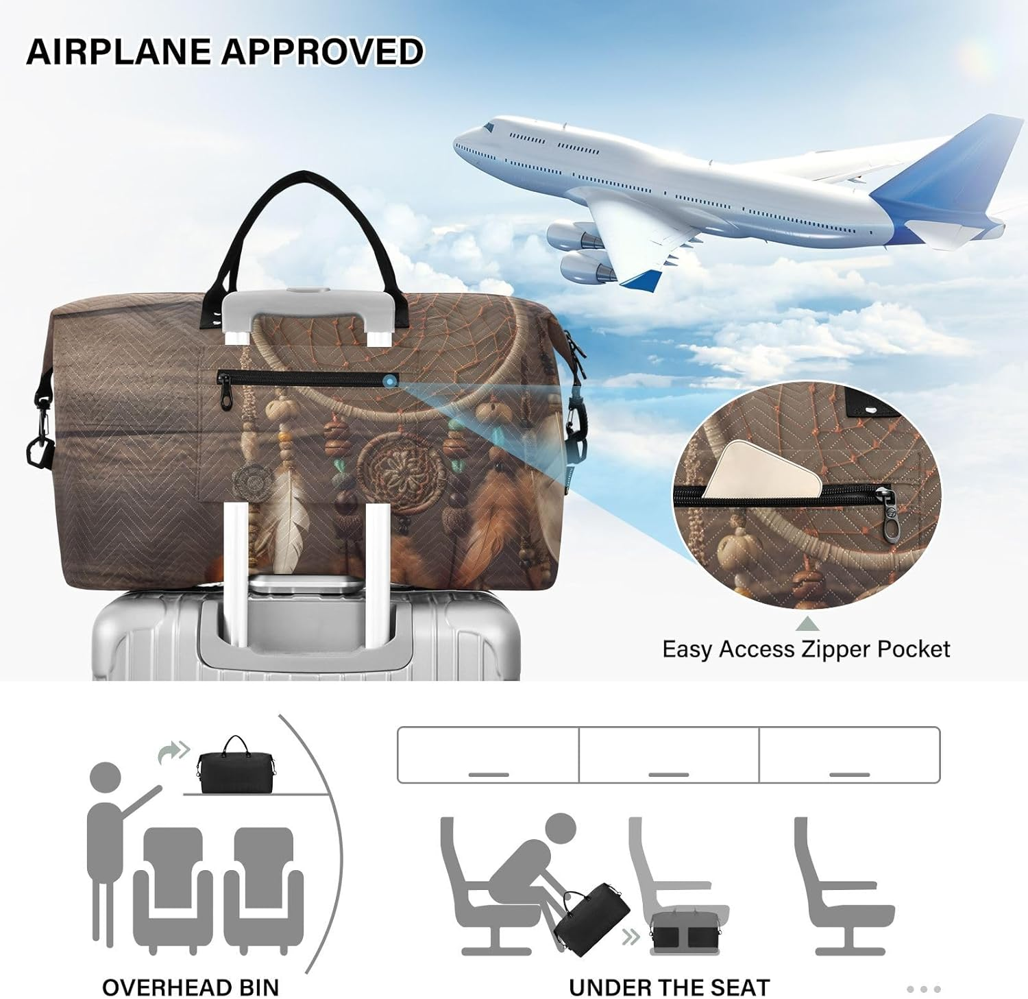 XYMZR Large Travel Duffel Bag, Dreamcatcher Feather Board Sports Tote Gym Bag, Shoulder Weekender Overnight Bag for Women Men, Carry on Luggage with Toiletry Bags, Multi-Colored, Multi-Colored image number 5