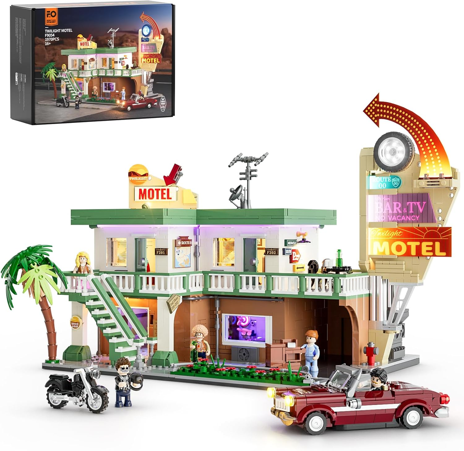 FUNWHOLE City Car-Motel Lighting Building Block Set - Retro Road Trip Car and Motorcycle Model, 1970 Pieces for Adults and Teens image number 3