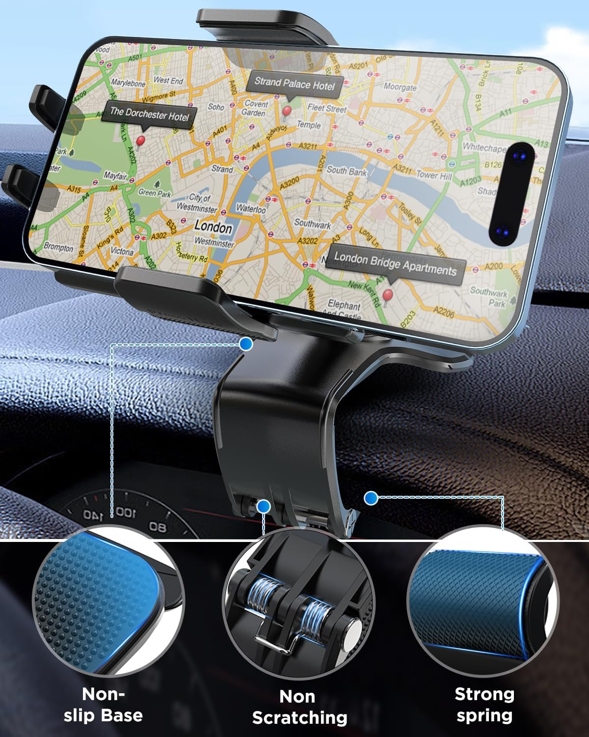 IPOW Car Dashboard Phone Clip Holder, 360 Degrees Rotation Dash Steering Wheel Phone Clamp Mount Compatible with Iphone 16 15 14 13 Pro Max and 4-7 Inch Smartphones (Black) image number 3