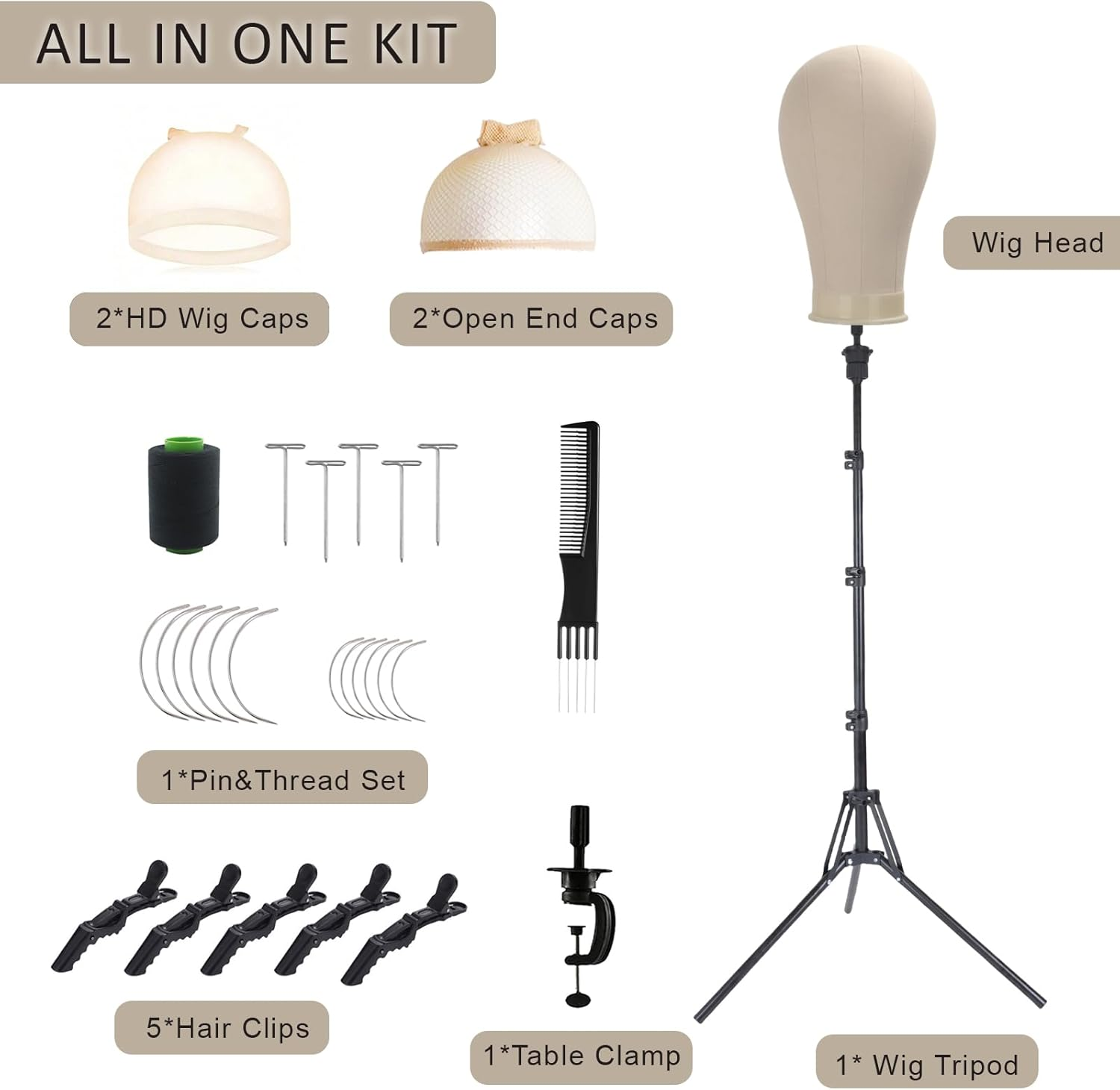 Daizysight Wig Stand & 23" Mannequin Head Kit，Upgraded 62 Inch Tall Manikin Head Tripod for Wig Curl Trim Styling, Canvas Block Head Wig Holder Set with Wig Caps, T Pins, C Bristle, Customized Wigs