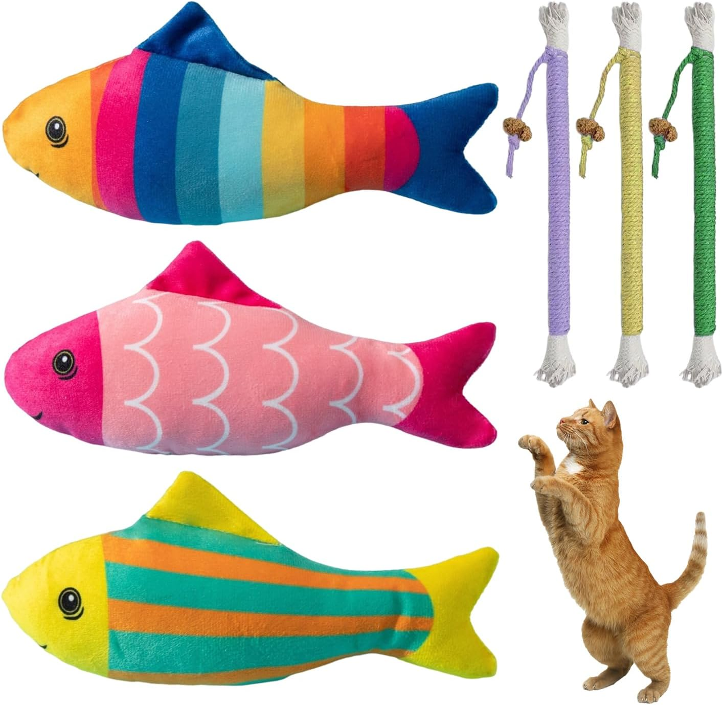 JDNFKG Pack of 3 Plush Fish Toys and 3 Pieces Teething Rope, Interactive Cat Toy, Cat Teeth Cleaning Accessories, Pet Supplies image number 2