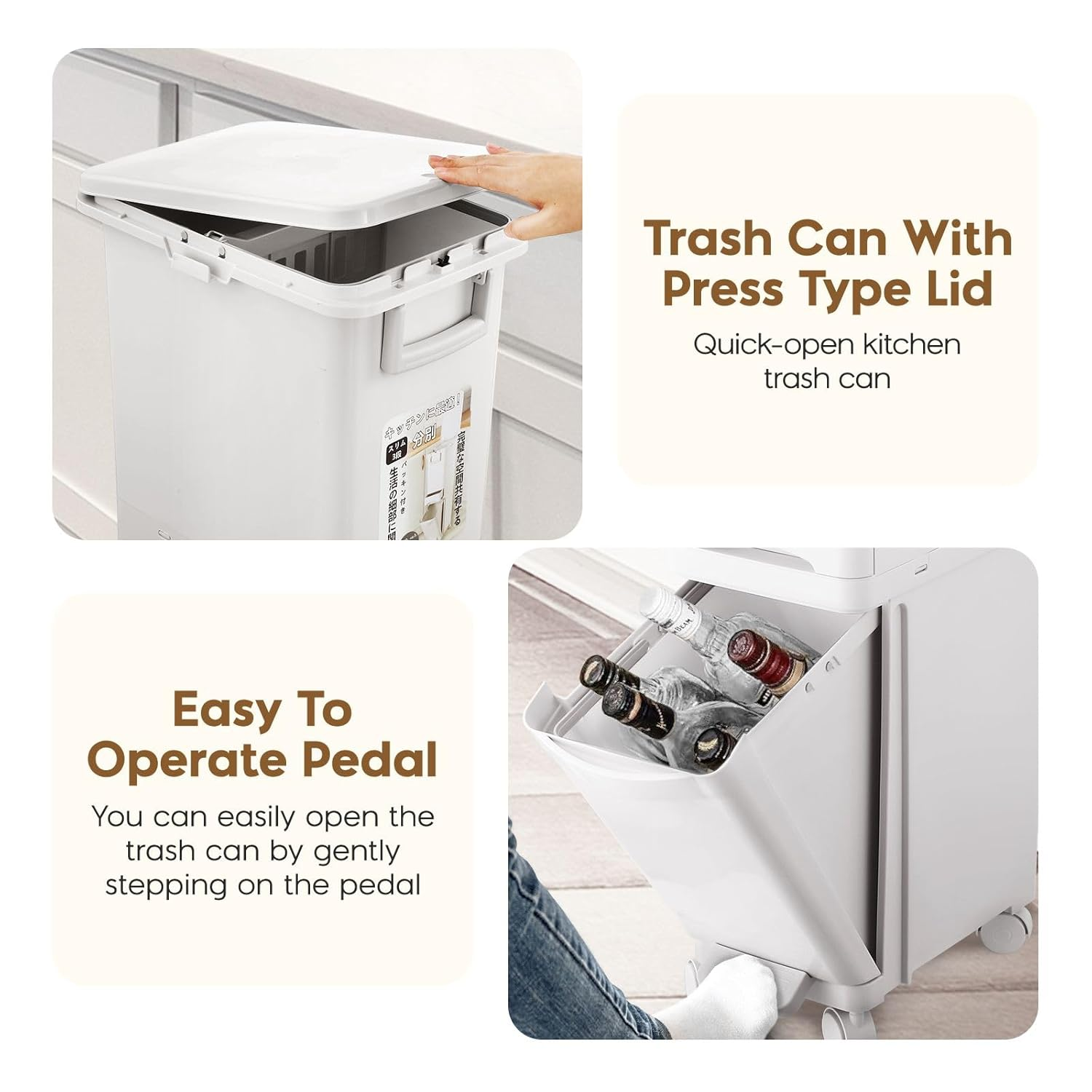 32L Trash Bin with Wheels Foot Pedal Rubbish Bin Recycle 3 Tiers Garbage Kitchen Waste Bin with Remove Inner Bucket Office Indoor - White -32L Recycle image number 4