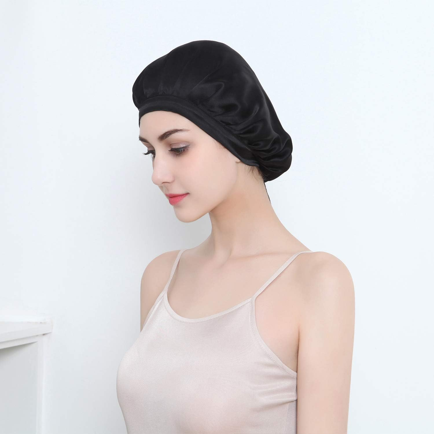 100% Mulberry Silk Night Sleep Cap, Sleeping Cap for Women Head Cover Bonnet for Hair Beauty with Elastic Band for Sleep, Hair Loss, Hair Protection (Black) image number 6
