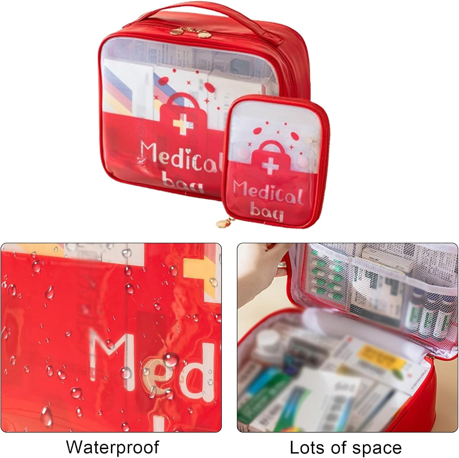 2Pcs First Aid Kit Pill Manager Travel Bag Medicine Storage Organizer Portable Large Medicine Pouch Medicine Organizer Bag for Home Camping Traveling (Red) image number 3
