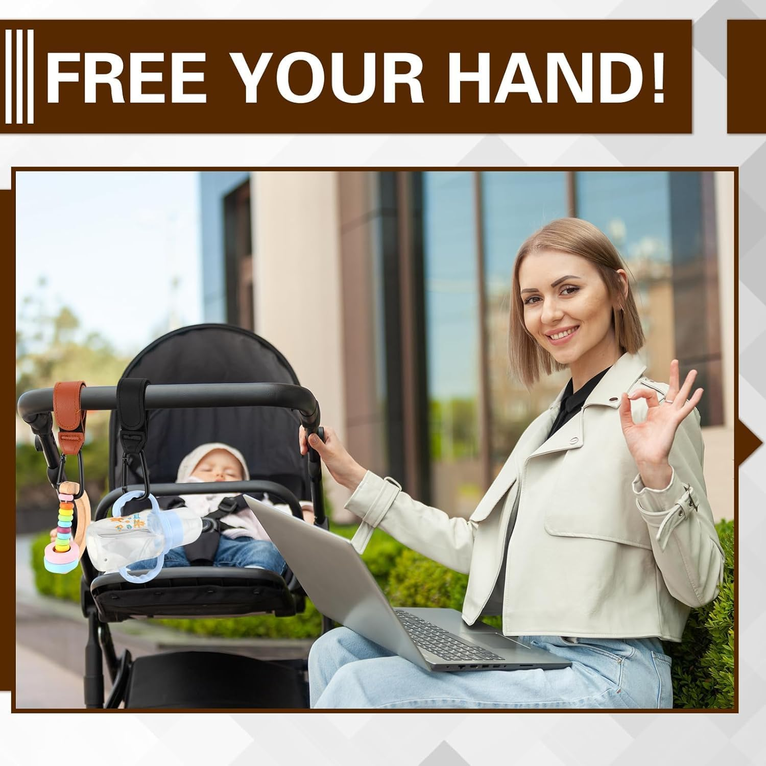 Leather Stroller Hooks Premium Buggy Clips with Carabiner Design Easy-Attach Pushchair Clips for Diaper Bags, Groceries and More Universal, Heavy-Duty, No-Slip Stroller Accessories image number 5