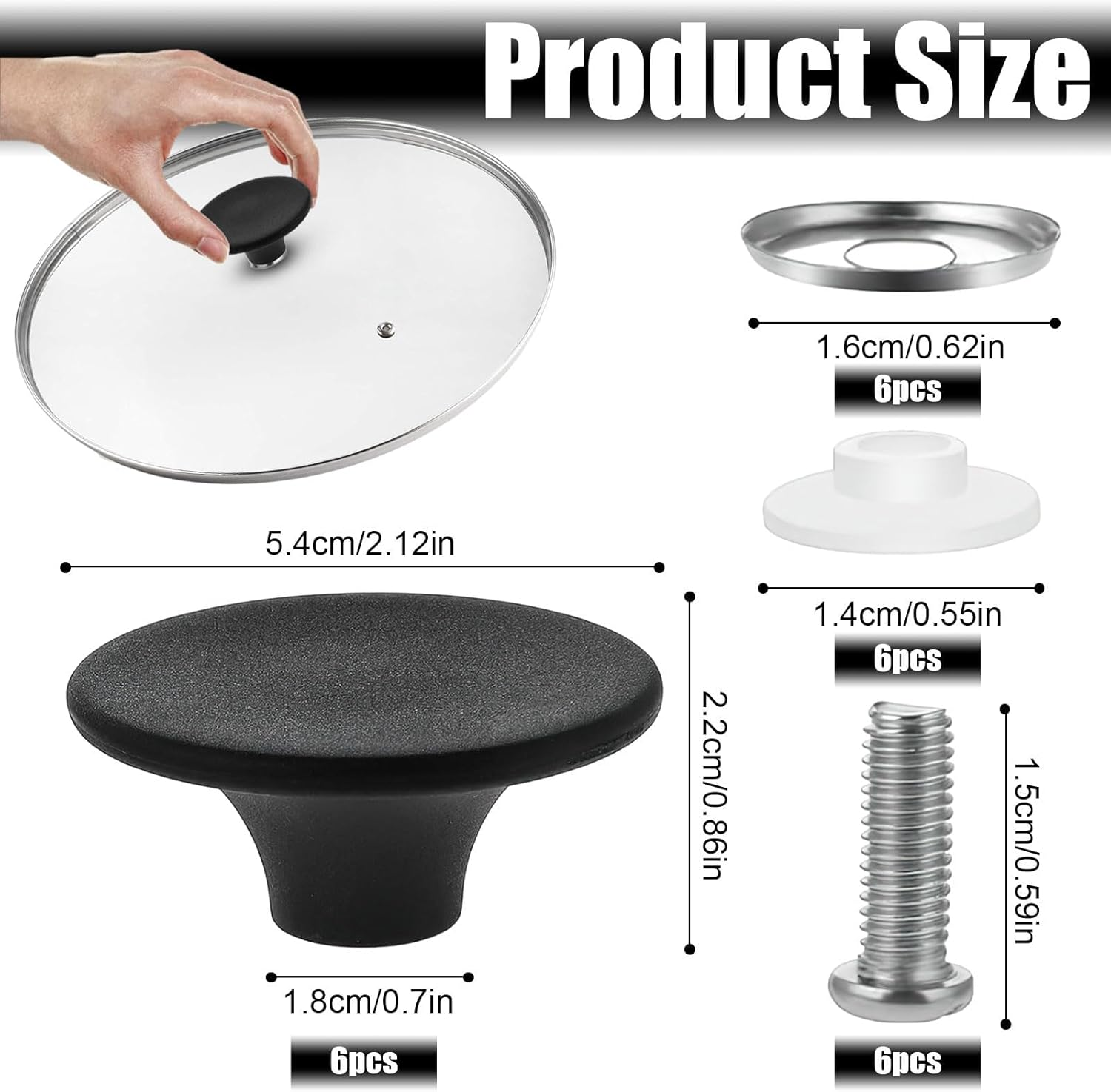 Universal Pot Lid Knobs, 6 Pcs Pot Lid Replacement Knob, Pot Lid Knobs for Frying Pan, Slow Cookers, Skillets and Non-Stick (Black) image number 2