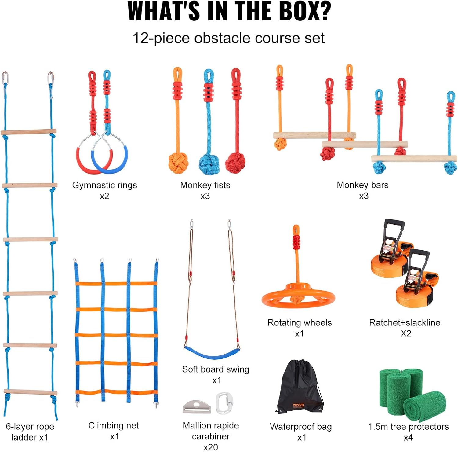 VEVOR Ninja Warrior Obstacle Course for Kids, 2 X 56 Ft Weatherproof Slacklines, 500Lbs Weight Capacity Monkey Line, Outdoor Playset Equipment, Backyard Toys Training Equipment Set with 12 Obstacles image number 4