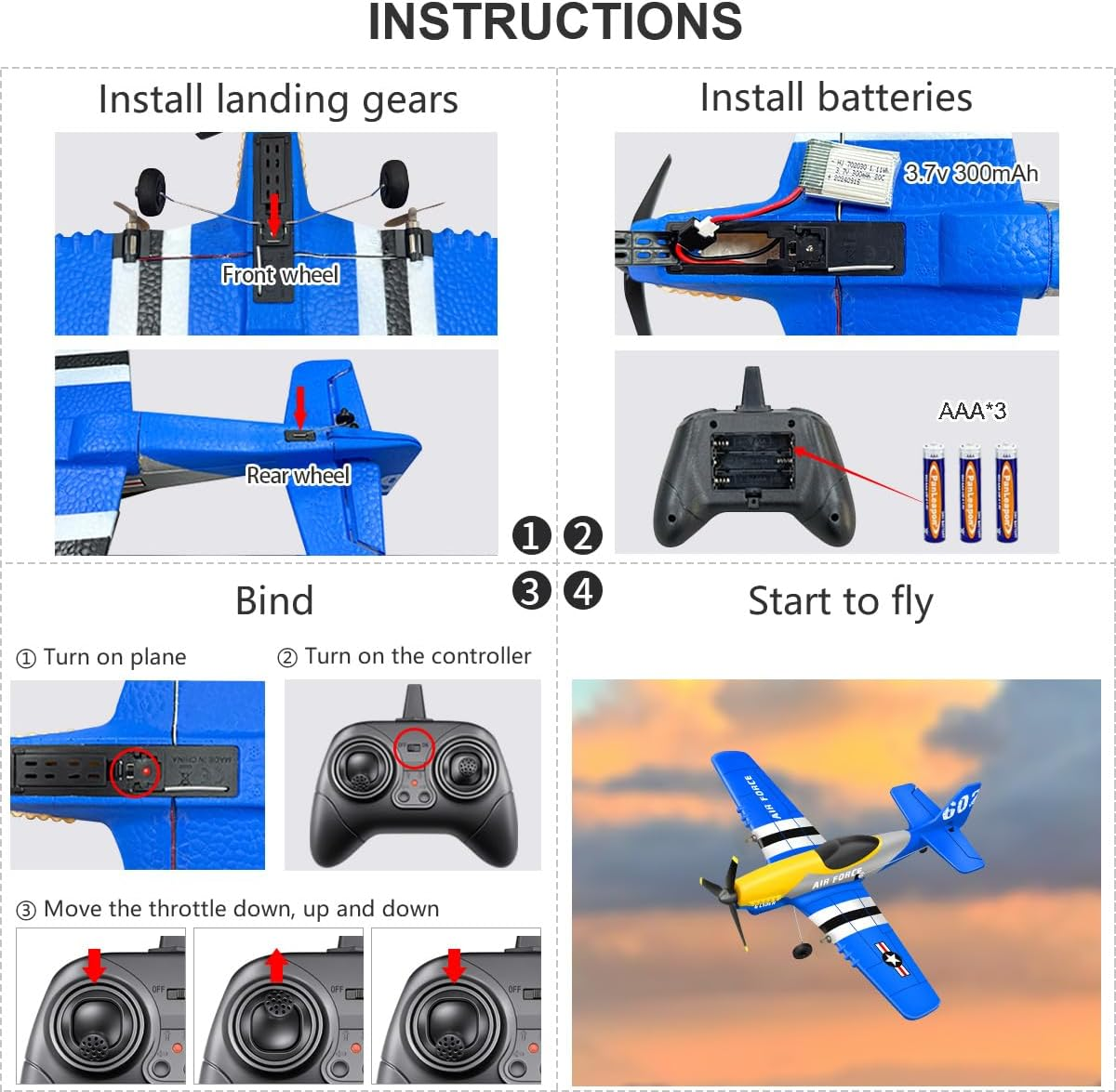 HAWK'S WORK 3 Channel RC Plane P-51D Mustang, Remote Control Airplane Ready to Fly, 2.4Ghz 6-Axis Gyro Stabilizer, Easy to Fly for Kids & Beginners - 3Ch-Gray image number 6