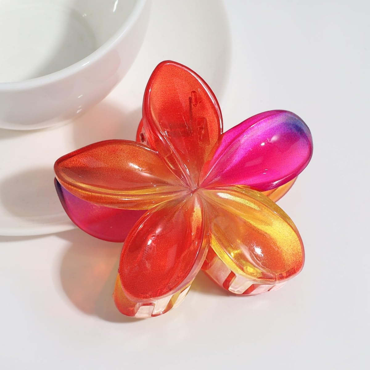 Blausky Pack of 6 Flower Hair Clips, Plumeria Flowers Hair Clips, Flower Hair Clip, Hawaiian Hair Accessories, Colourful Flower Hair Clip, Non-Slip, Cute Acrylic Hair Clips for Women, Red Green Yellow image number 2
