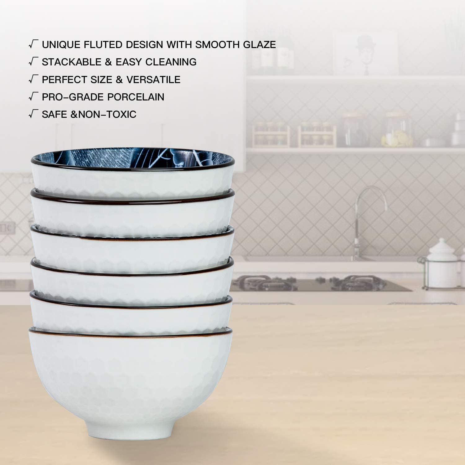 Porcelain Cereal Bowls 10 Ounces,Ceramic Soup Bowl, 4.5 Inch Set of 6, Japanese Style Rice Bowls,Cereal Bowls for Kitchen,Vintage Blue and White Bowls for Rice Salad Snack, Dishwasher image number 2