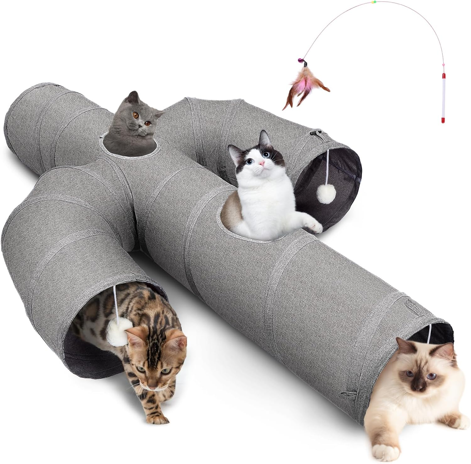 Ownpets Cat Tunnel Large 30CM Sturdy Oxford Fabric Cat Tunnel Toy, Cactus Shape Collapsible Cat Tunnels for Indoor Cats,Interactive Peek Hole Pet Tunnel Tube with Cat Wand Toy image number 5