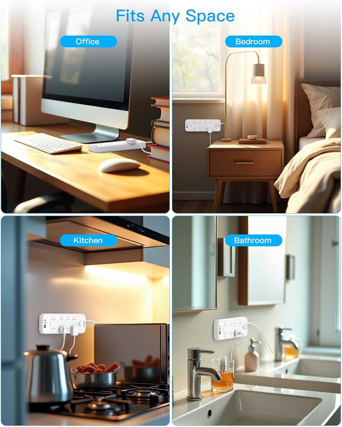 Power Board Surge Protected, 8 Widely Outlets with 4 USB Ports(2 USB a 2 USB C Charging Port), USB Power Board with 2M Extension Cord, 900J Surge Protection, Flat Plug, Wall Mount for Home Office image number 1