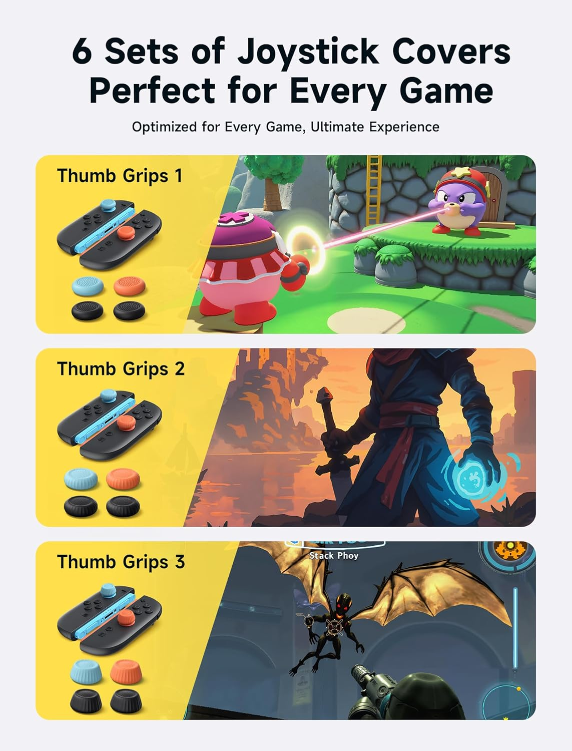 JSAUX Thumb Grips for Nintendo Switch 2 (2025), Switch Thumb Grip Caps, Ergonomic Design, Enhanced Grip, Comfortable & Durable, Joycon Grip Button Stick Cover - Black, Blue and Orange, 6Pairs(12Pcs) image number 3