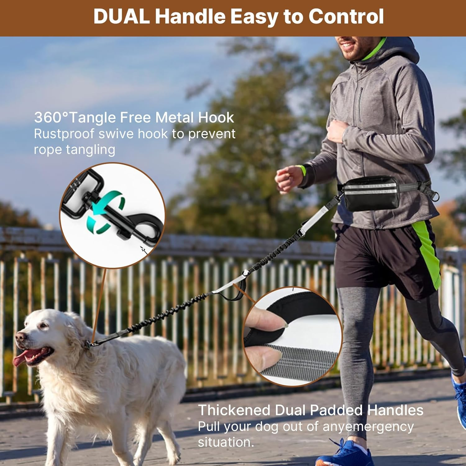 VCCLFSIA Hands Free Dog Leash with Zipper Pouch, Dog Running Leash with Adjustable Waist Belt, Double Padded Handles, Safety Harness Buckle, Reflective Retractable Bungee for Medium & Large Dogs image number 4