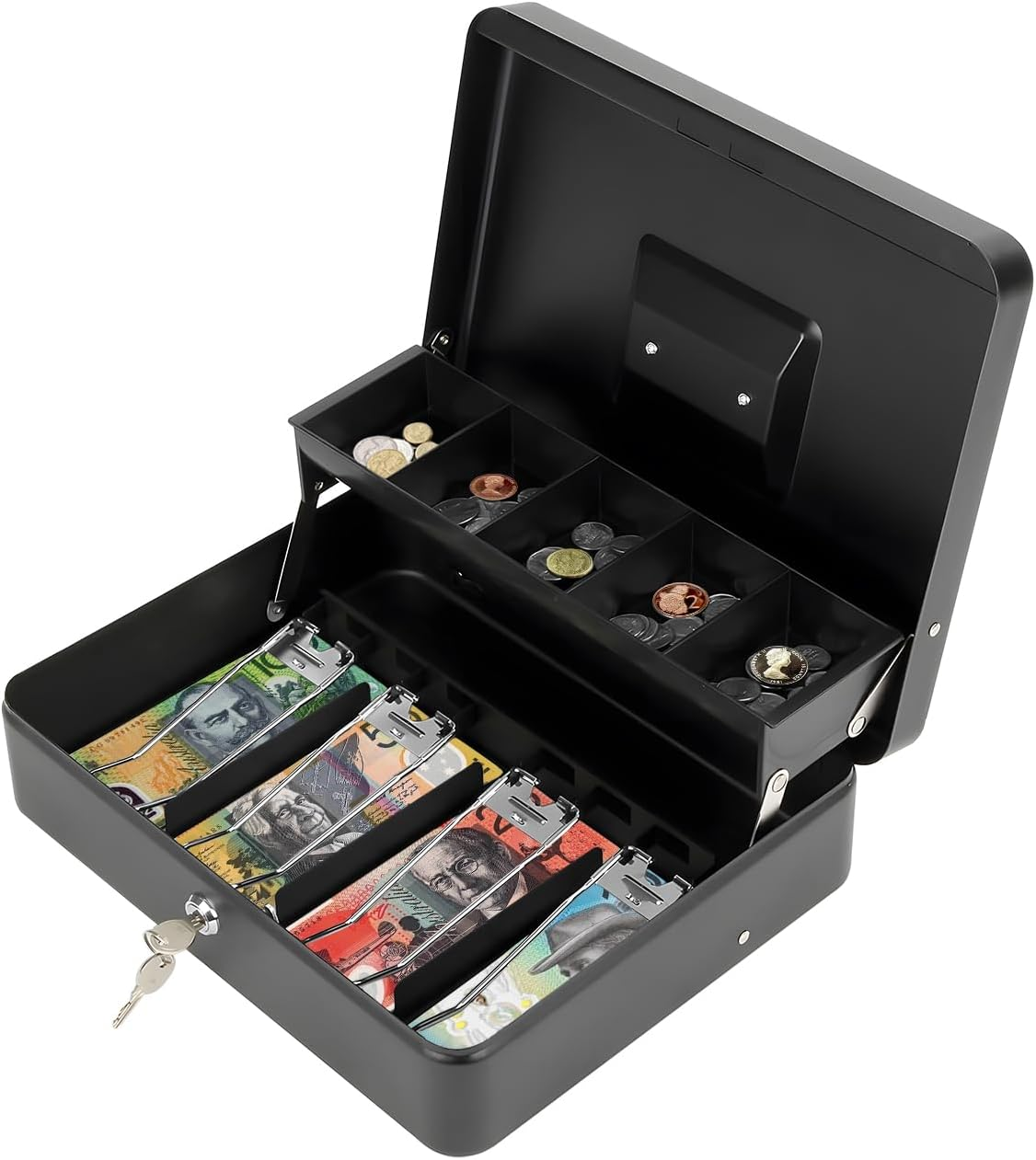 Aumerage Metal Cash Box with Security Lock & 2 Keys - 4 Bill/5 Coin Tray Storage, Large Lockable Money Box for Small Business/Home (Black) image number 6