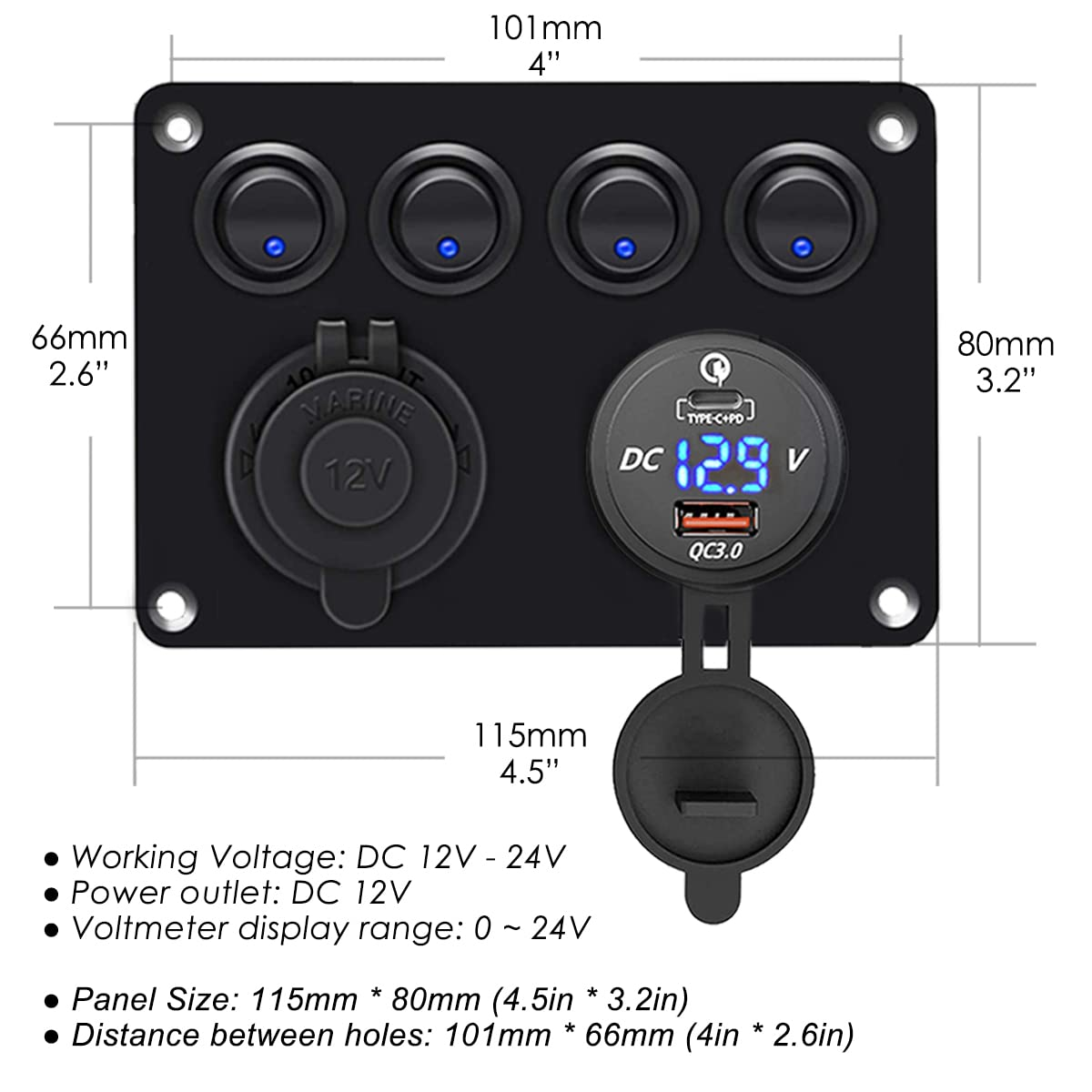 Toggle Switch Panel with USB C, IP65 Waterproof Aluminum Panel, USB Charger + Lighter Socket + Digital Voltmeter, 4 Gang 12V/24V Rocker Switches Builtin 15A Fuse for Car Boat RV Vehicles Truck Marine image number 1