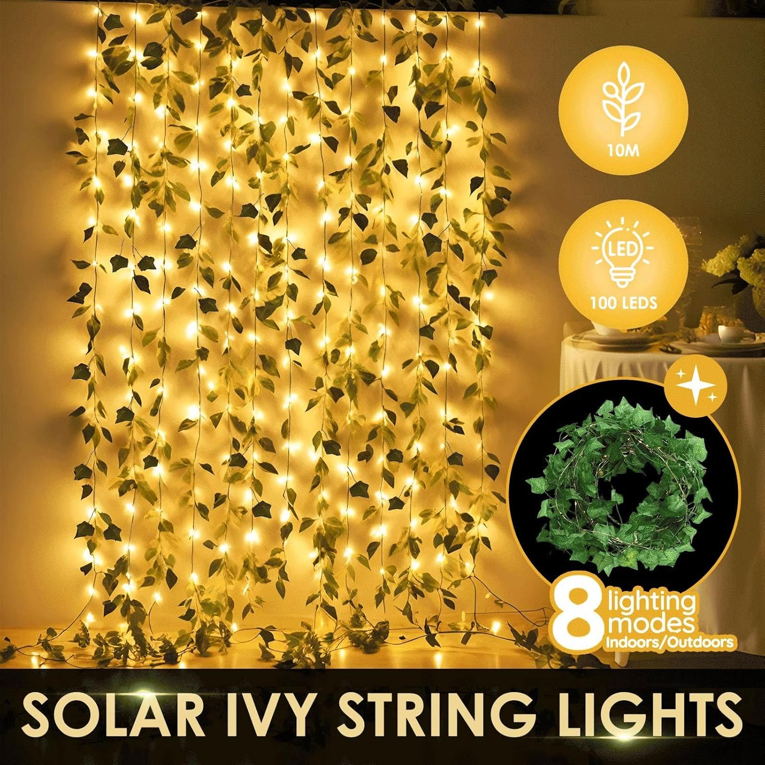 100 LED Solar Ivy Vine Lights 10M Fairy String Bedroom Outdoor Garden Fence Decor Wall Curtain Fake Plant Tree Leaf Garland Hanging Lamps image number 4