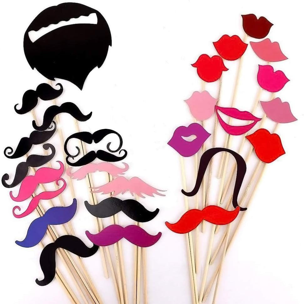 Party Props for Photo Booth Birthday Wedding Kids Adult Prom 58 Pcs, DIY Funny Skywoo Costumes with Mustache on a Stick, Hats, Glasses, Mouth, Bowler, Bowties image number 1